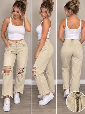Zenana High Rise Distressed Straight Jeans Sand Beige